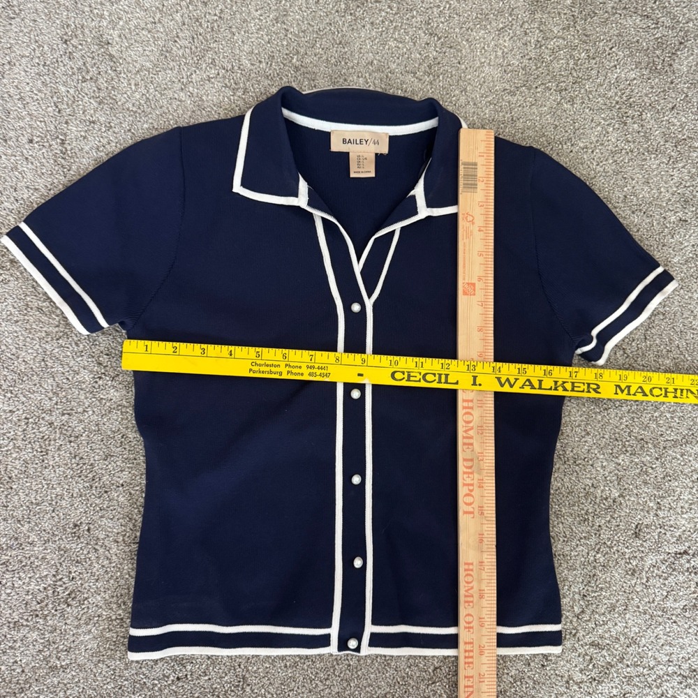 Bailey 44 Navy Blue White Contrast Trim Knit Button Front Polo Cardigan Top L - Picture 6 of 8